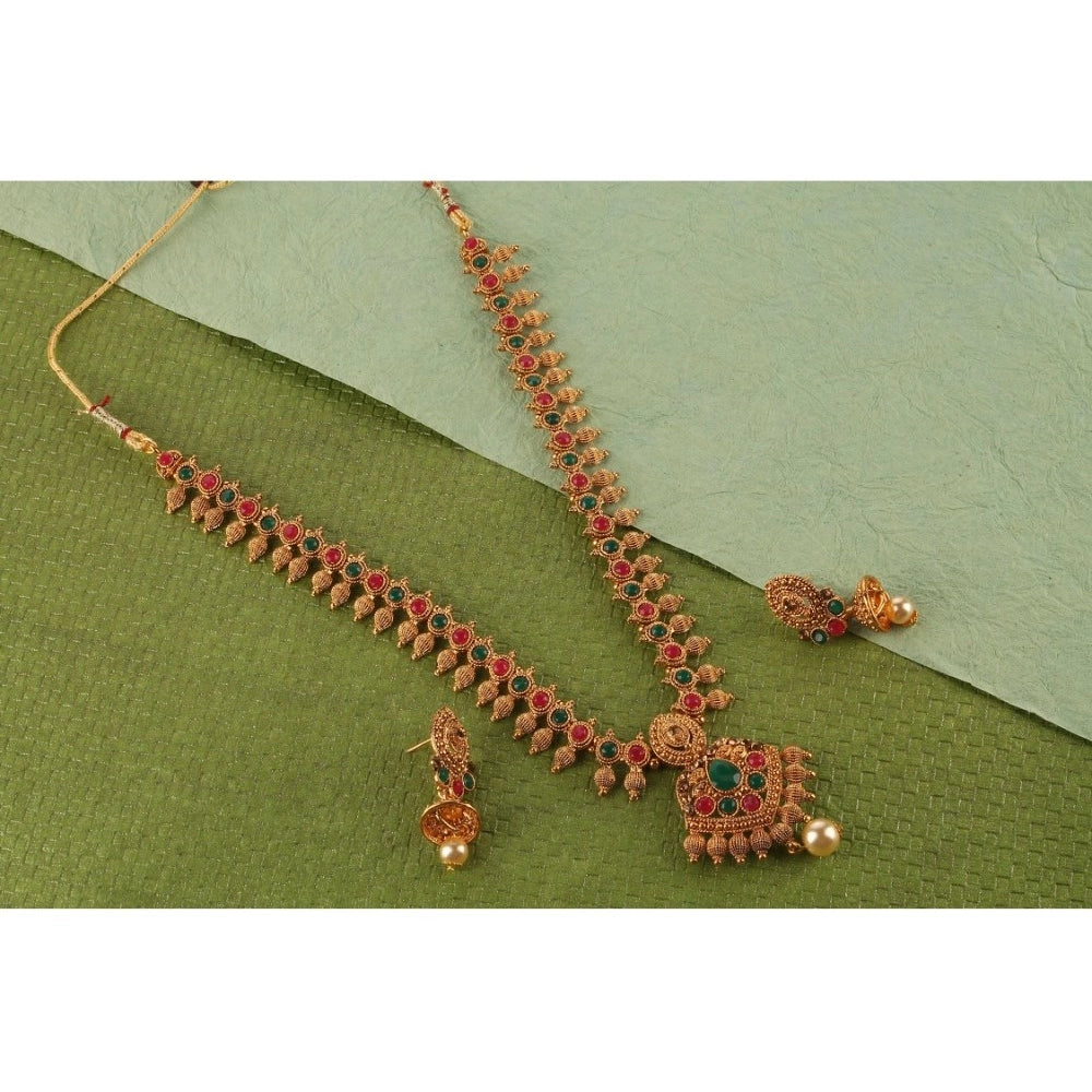 Generic Women's Rose Gold Plated Alloy Necklace & Earings Set (Green & Red)