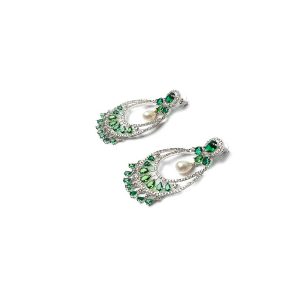 Generic Women's Brass Silver Plated Chandbali Earrings (Green)