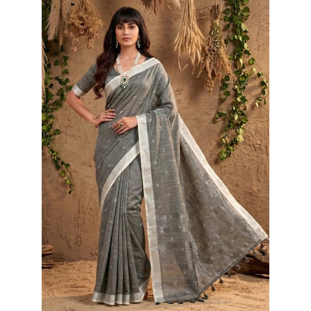 Generic Women's Linen Cotton Printed Saree With Unstitched Blouse 5.5Mtr (Gray)