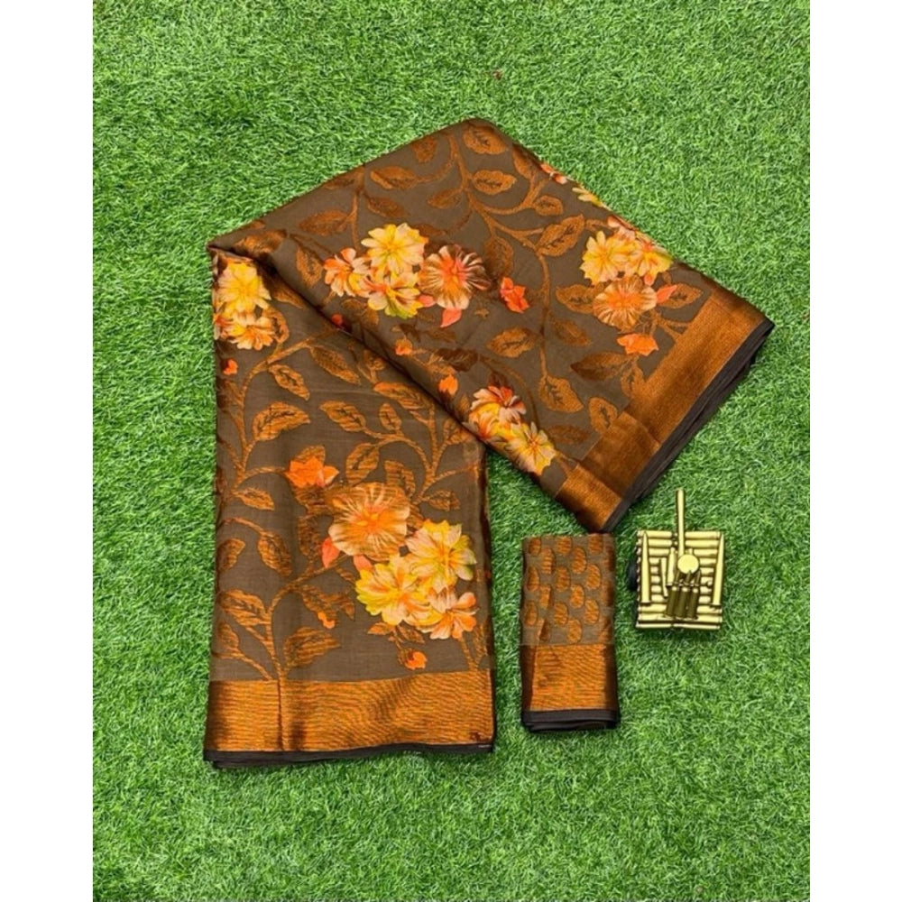 Generic Women's Viscose Rayon Printed Saree With Unstitched Blouse (Brown)