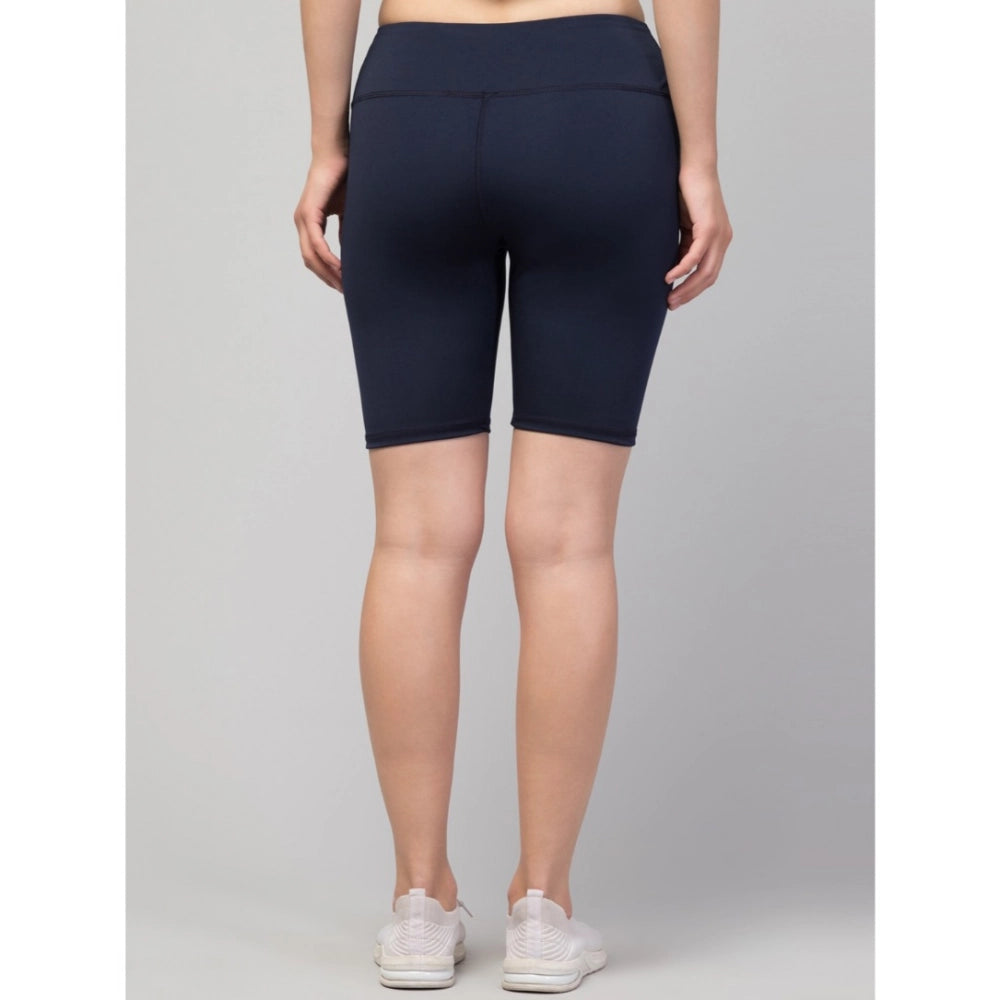 Generic Women's Polyester Solid Above Knee High-Rise Shorts (Navy)