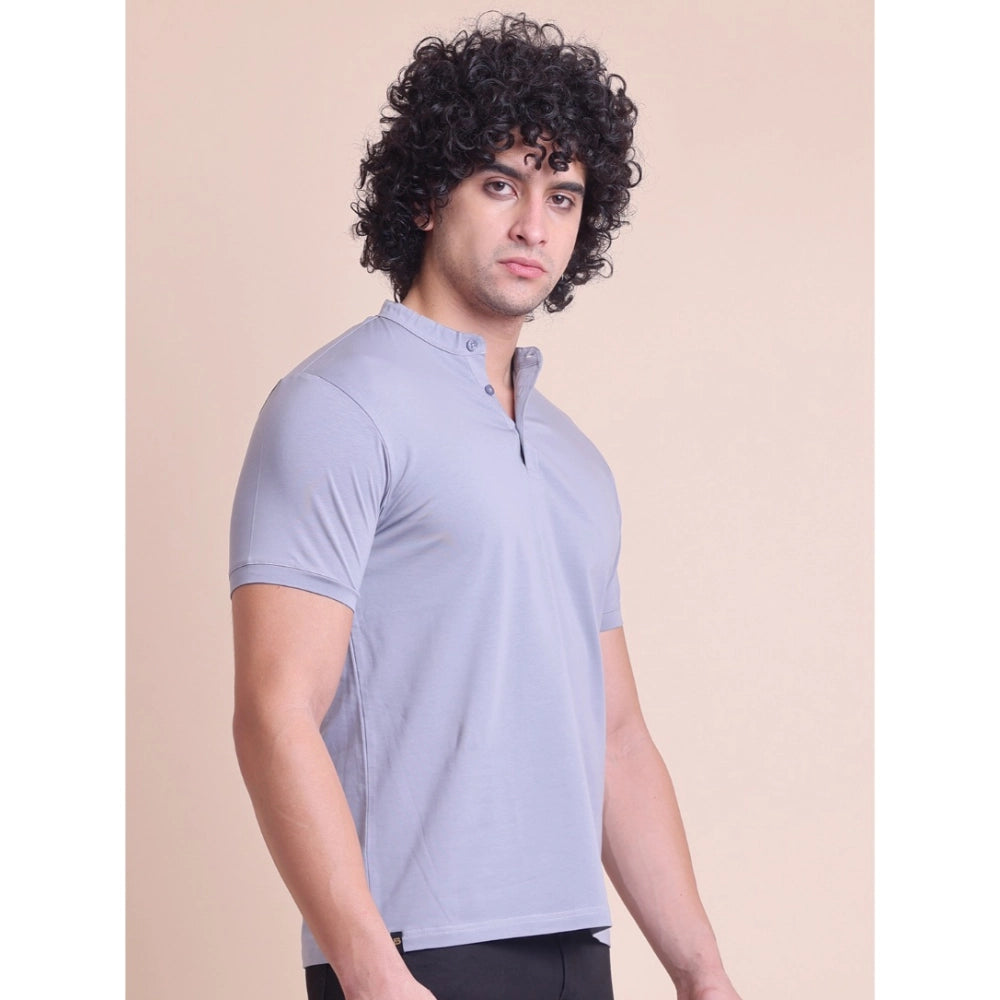 Generic Men's Casual Cotton Solid Half Sleeve Mandarin Collar T-Shirt (Teegrey)