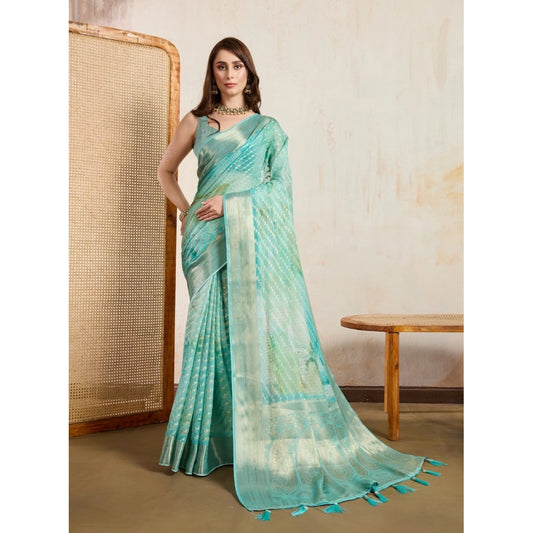 Generic Women's Viscose Printed Saree With Unstitched Blouse 5.5Mtr (Green)