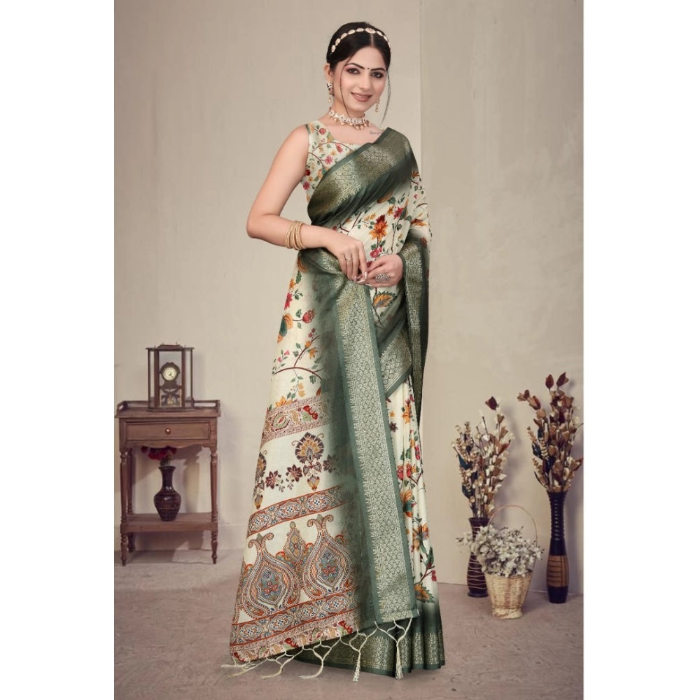 Generic Women's Cotton Silk  Printed Saree With Unstitched Blouse 5.5Mtr (Green)