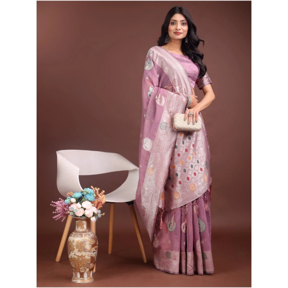 Generic Women's Linen Cotton Printed Saree With Unstitched Blouse 5.5Mtr (Purple)