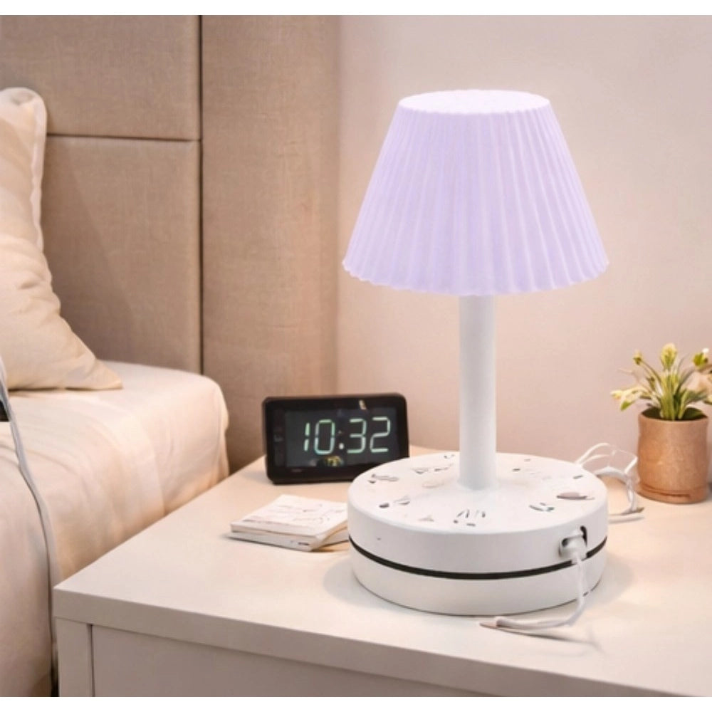 Generic Plastic-LED Ribbed Shade Table Lamp with USB Charging Base (White)