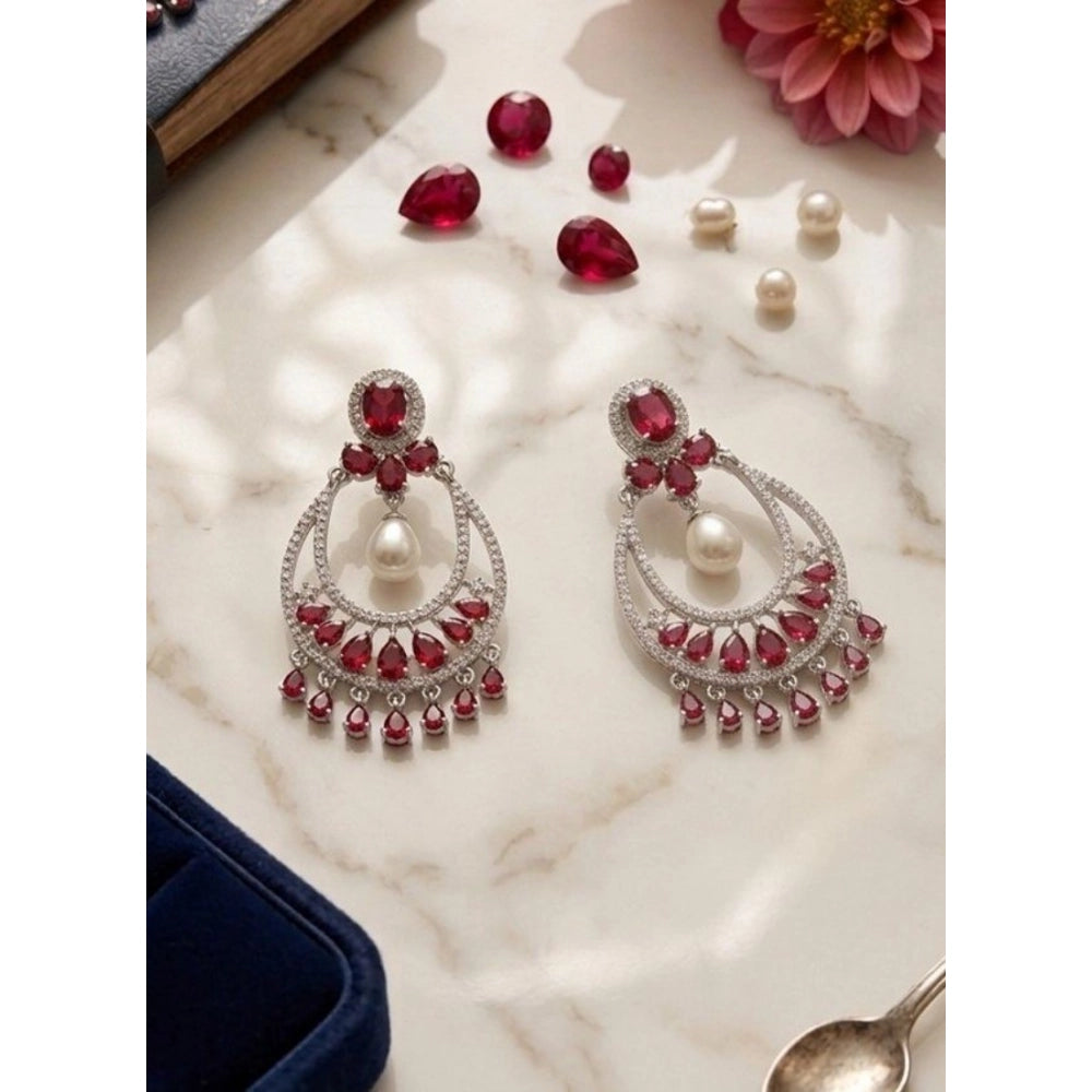 Generic Women's Brass Silver Plated Chandbali Earrings (Red)