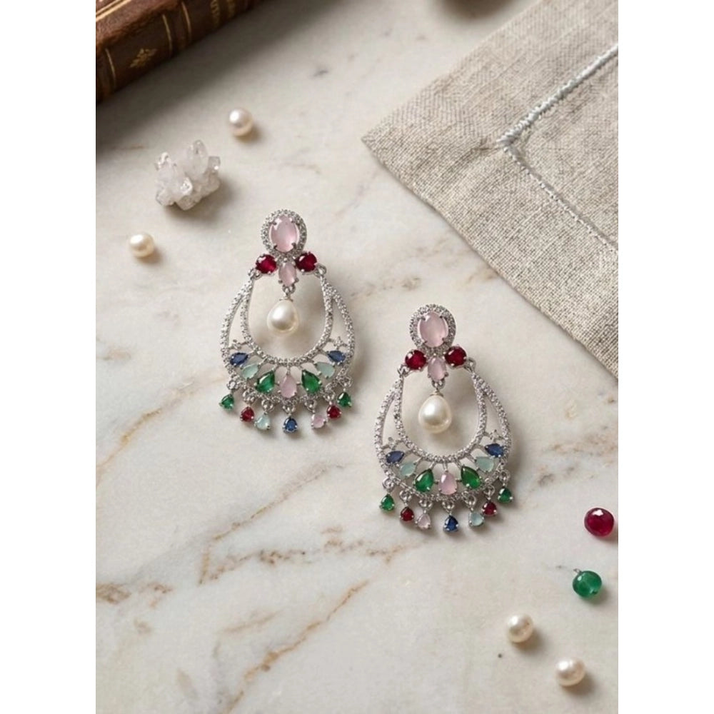 Generic Women's Brass Silver Plated Chandbali Earrings (Multicolor)
