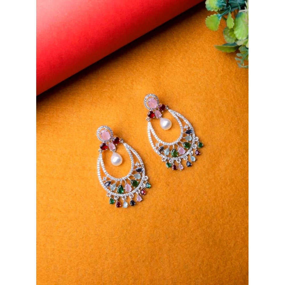 Generic Women's Brass Silver Plated Chandbali Earrings (Multicolor)