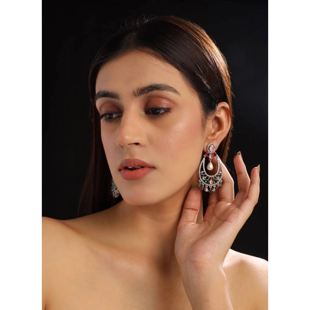 Generic Women's Brass Silver Plated Chandbali Earrings (Multicolor)