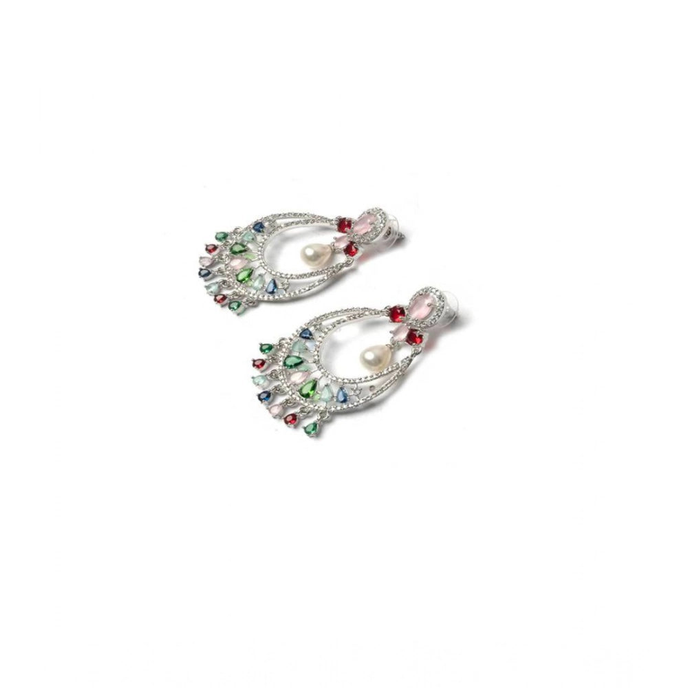 Generic Women's Brass Silver Plated Chandbali Earrings (Multicolor)