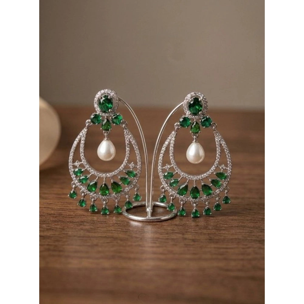 Generic Women's Brass Silver Plated Chandbali Earrings (Green)