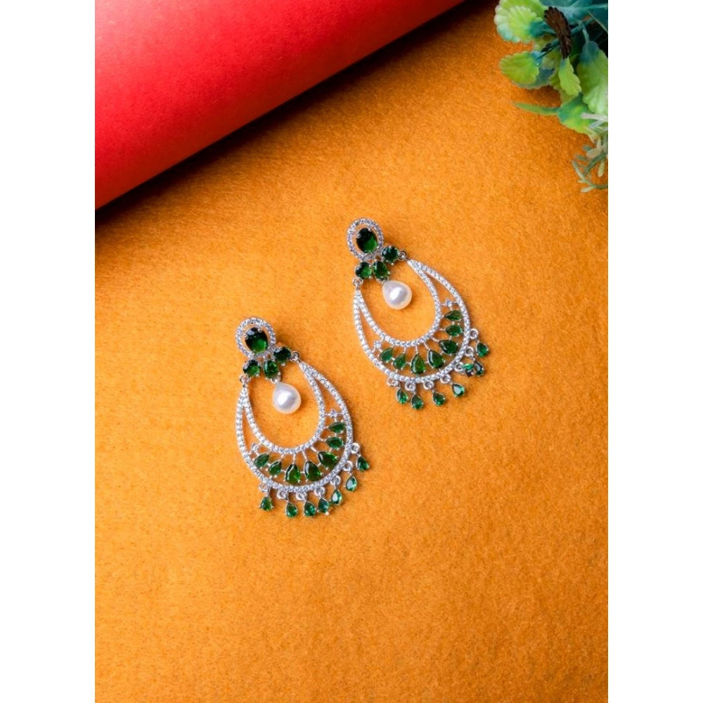 Generic Women's Brass Silver Plated Chandbali Earrings (Green)