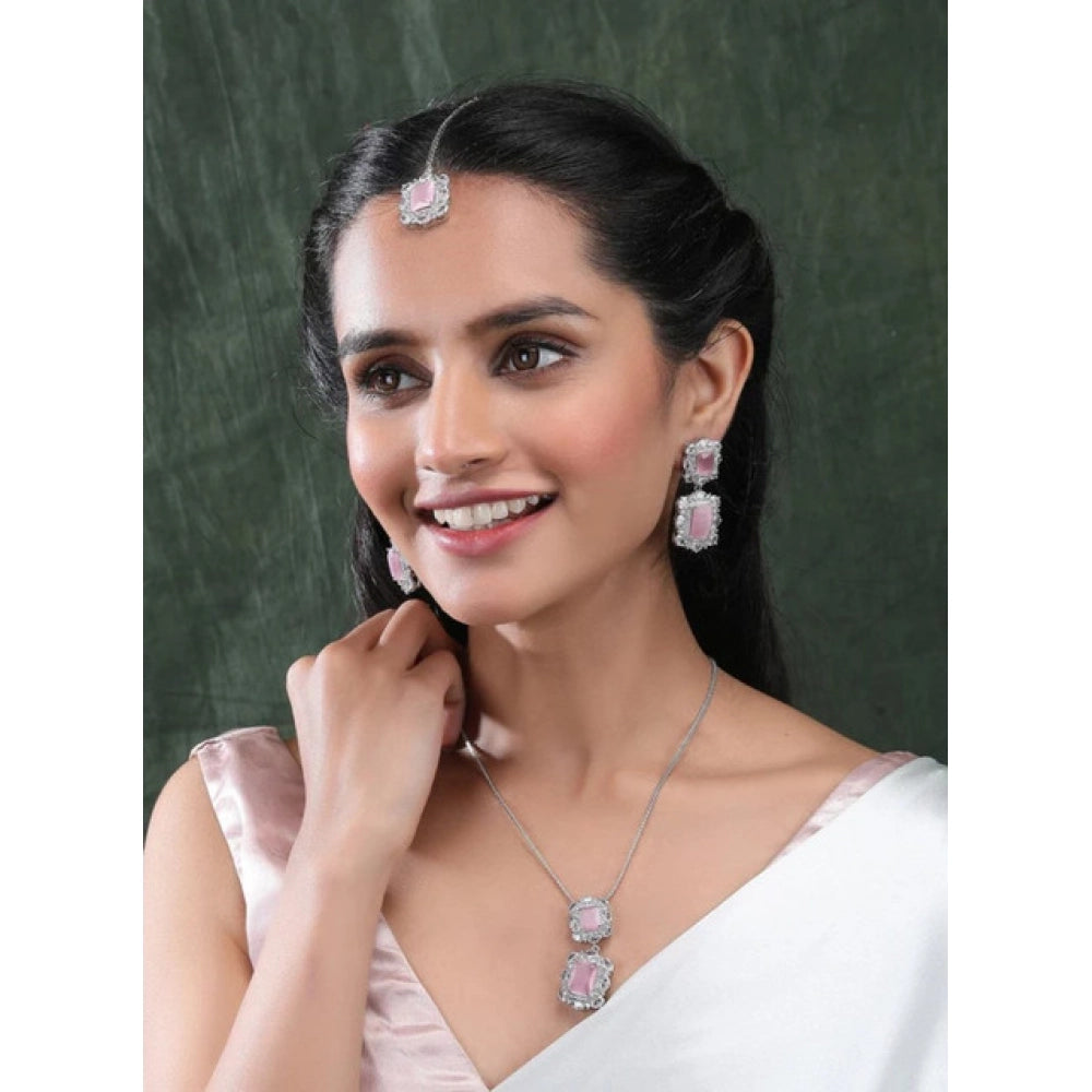 Generic Women's Brass Silver Plated Pendant Set (Pink)