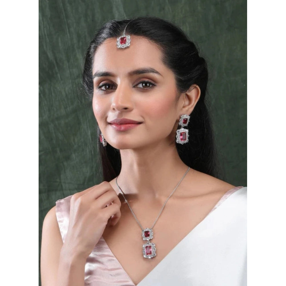 Generic Women's Brass Silver Plated Pendant Set (Red)