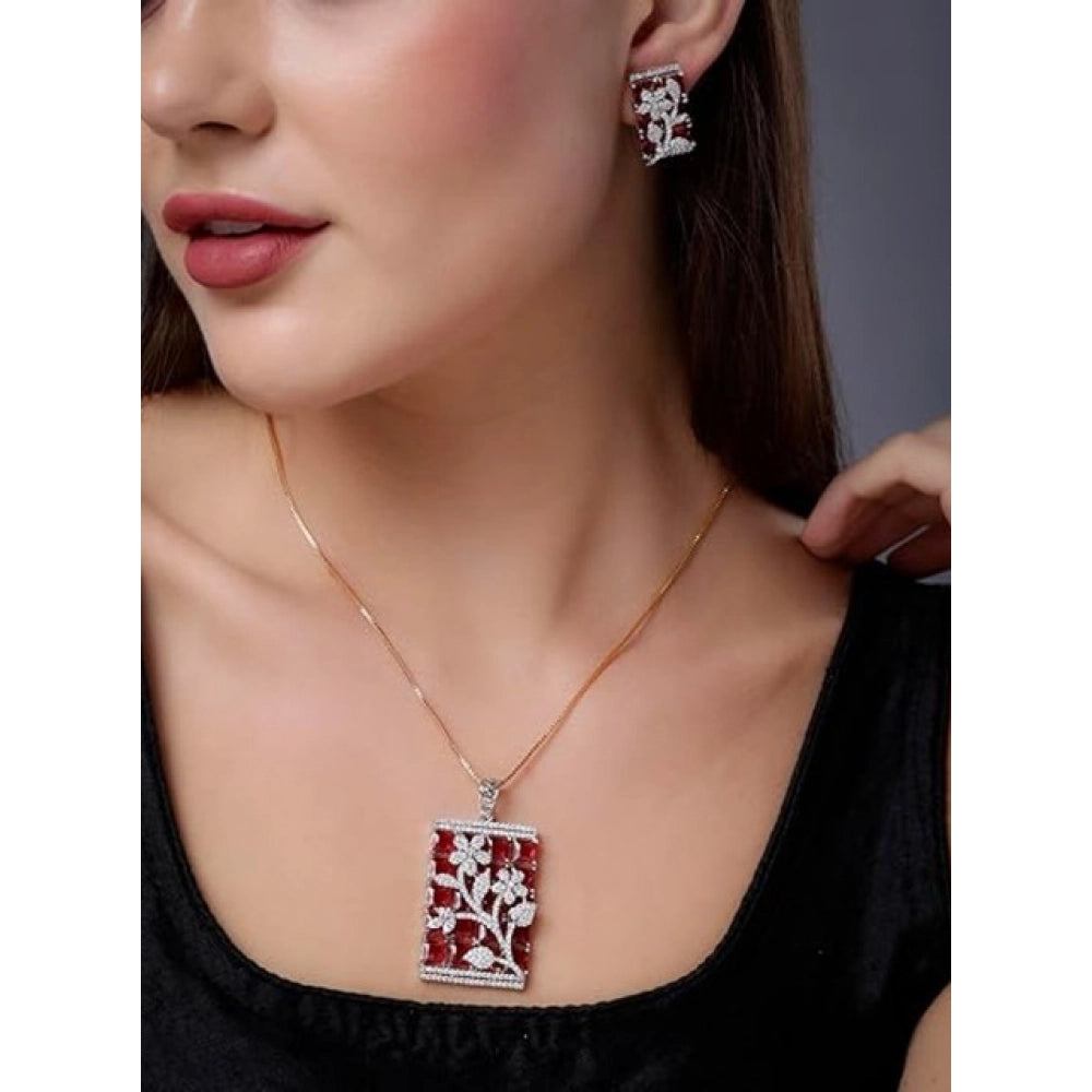 Generic Women's Brass Silver Plated Pendant Set (Red)