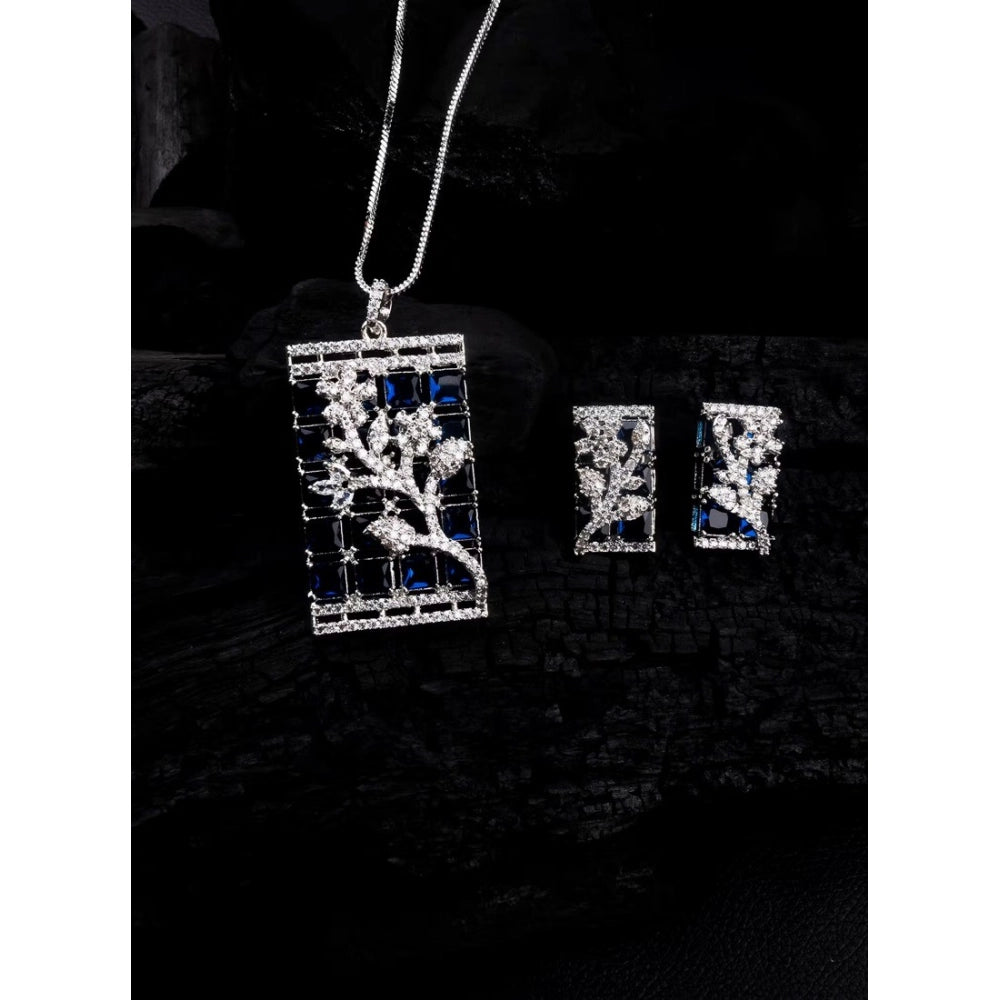 Generic Women's Brass Silver Plated Pendant Set (Blue)