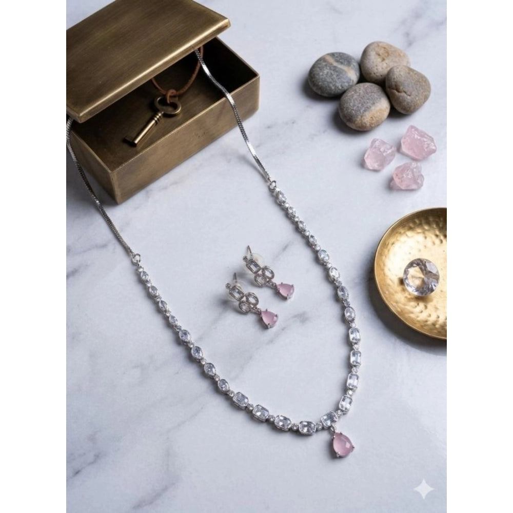 Generic Women's Brass Silver Plated Necklace set (Pink)