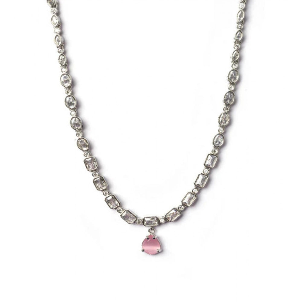 Generic Women's Brass Silver Plated Necklace set (Pink)
