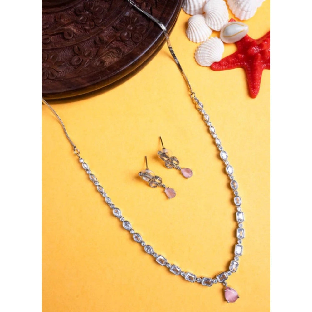 Generic Women's Brass Silver Plated Necklace set (Pink)