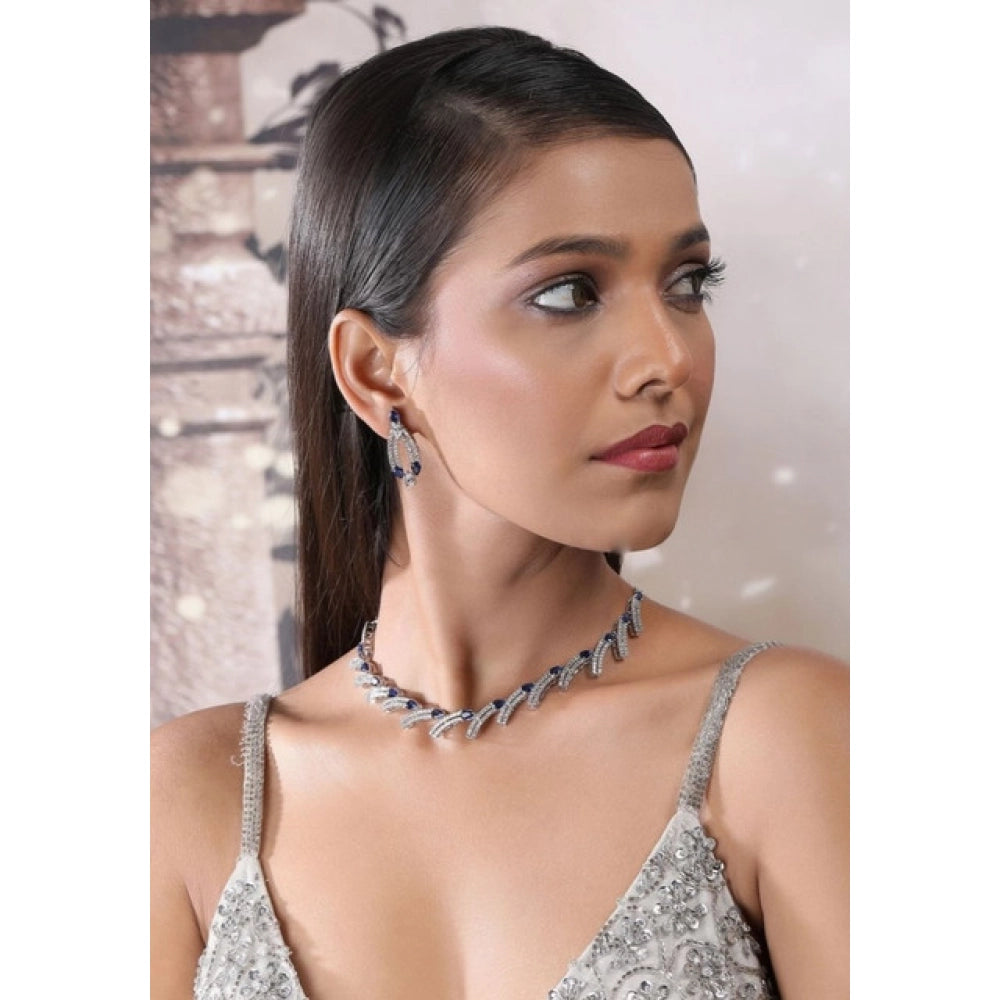 Generic Women's Brass Silver Plated Necklace set (Blue)