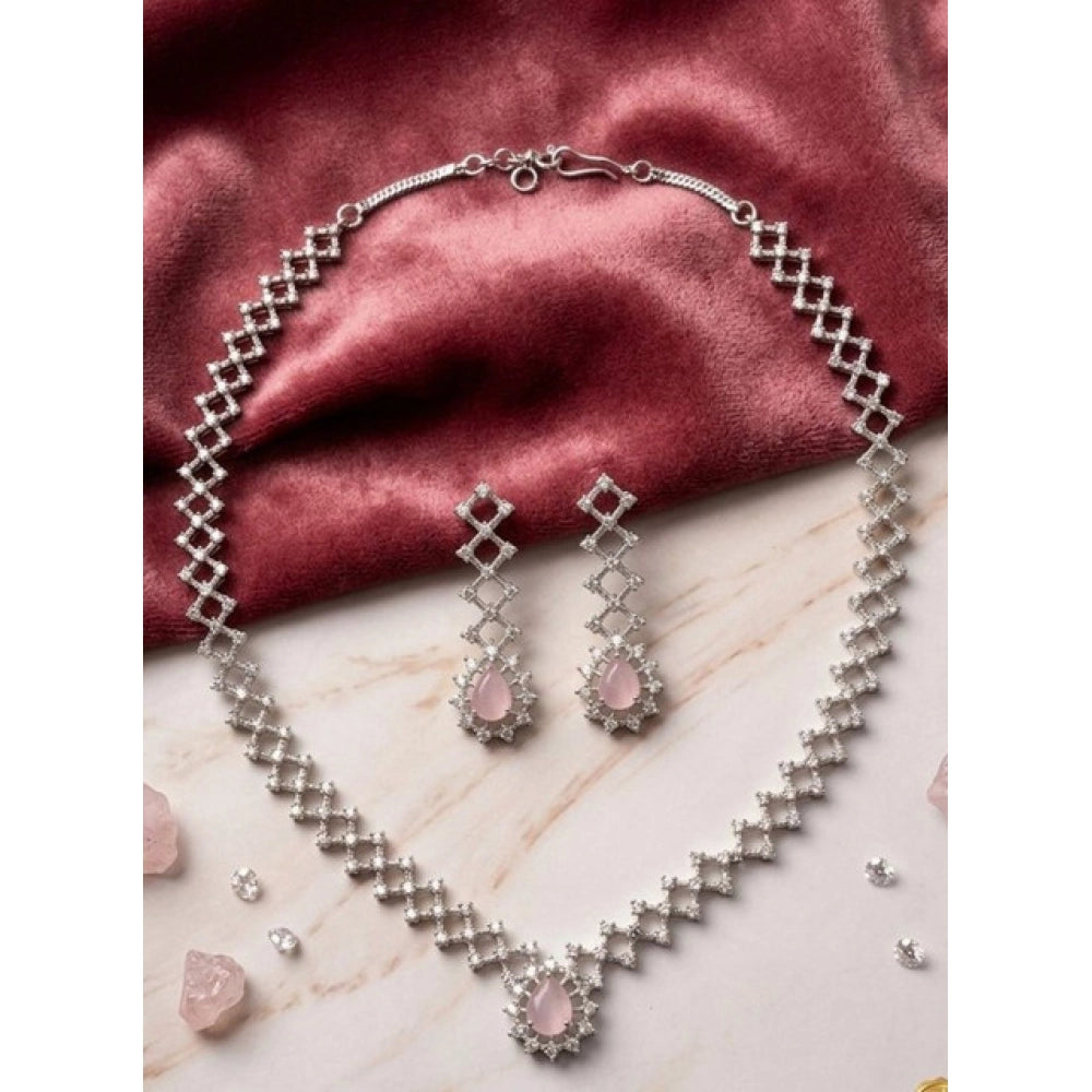 Generic Women's Brass Silver Plated Necklace set (Pink)