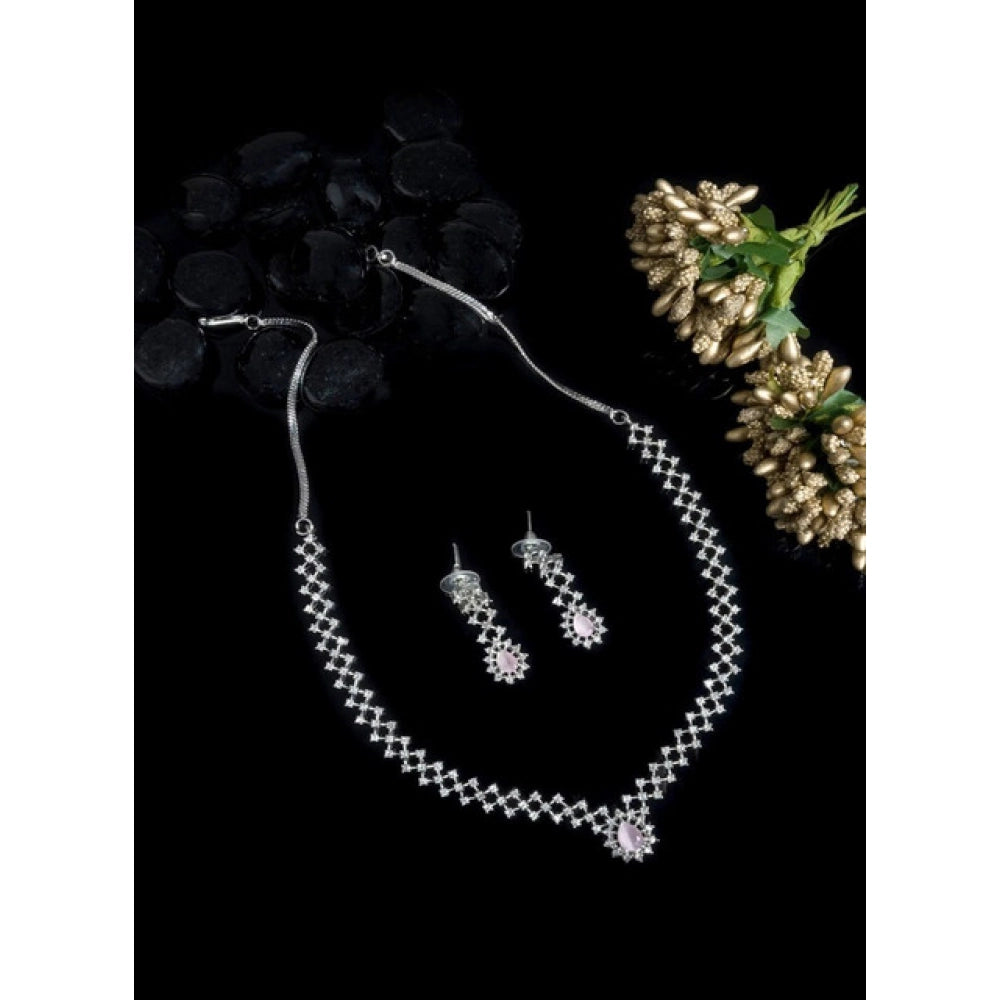 Generic Women's Brass Silver Plated Necklace set (Pink)