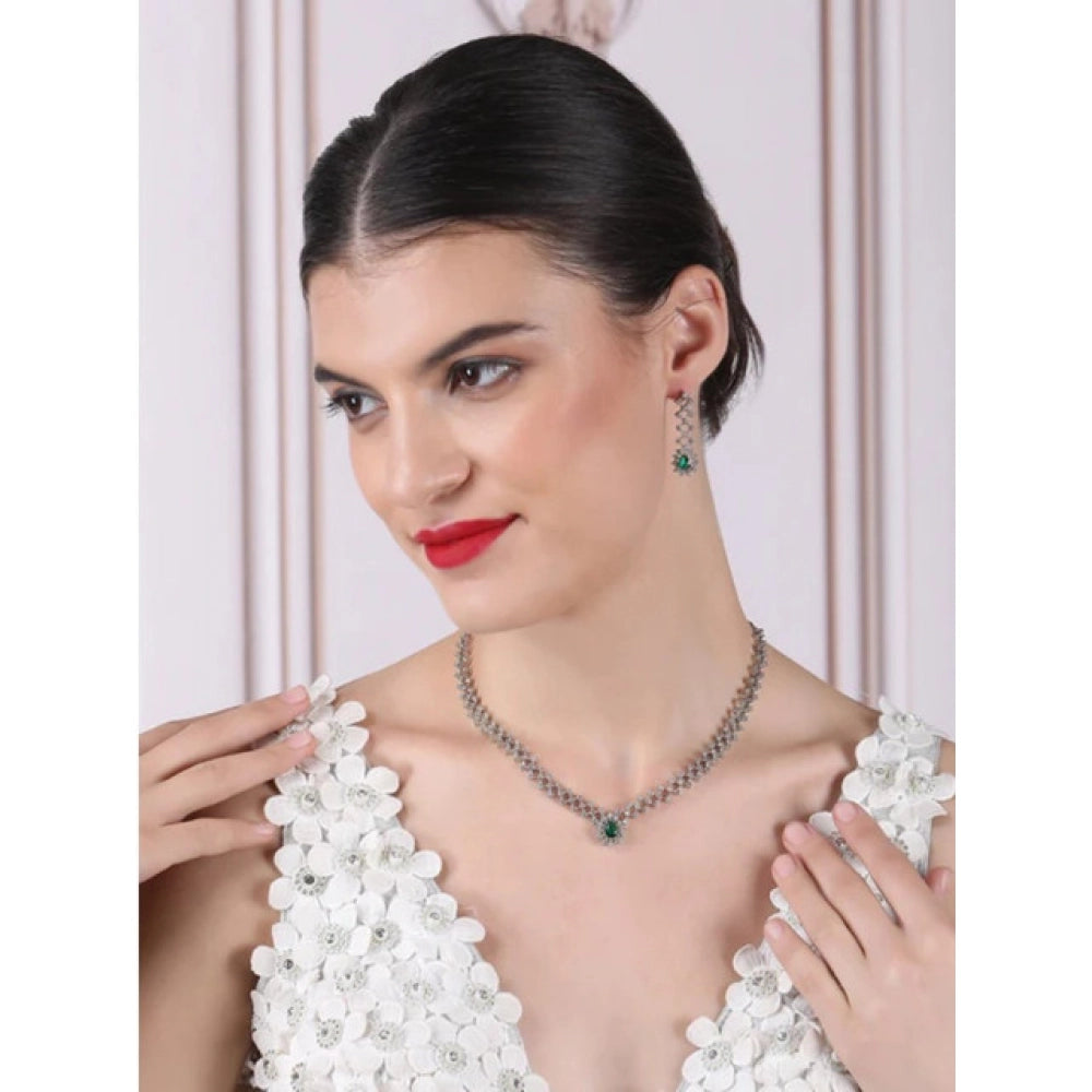 Generic Women's Brass Silver Plated Necklace set (Green)
