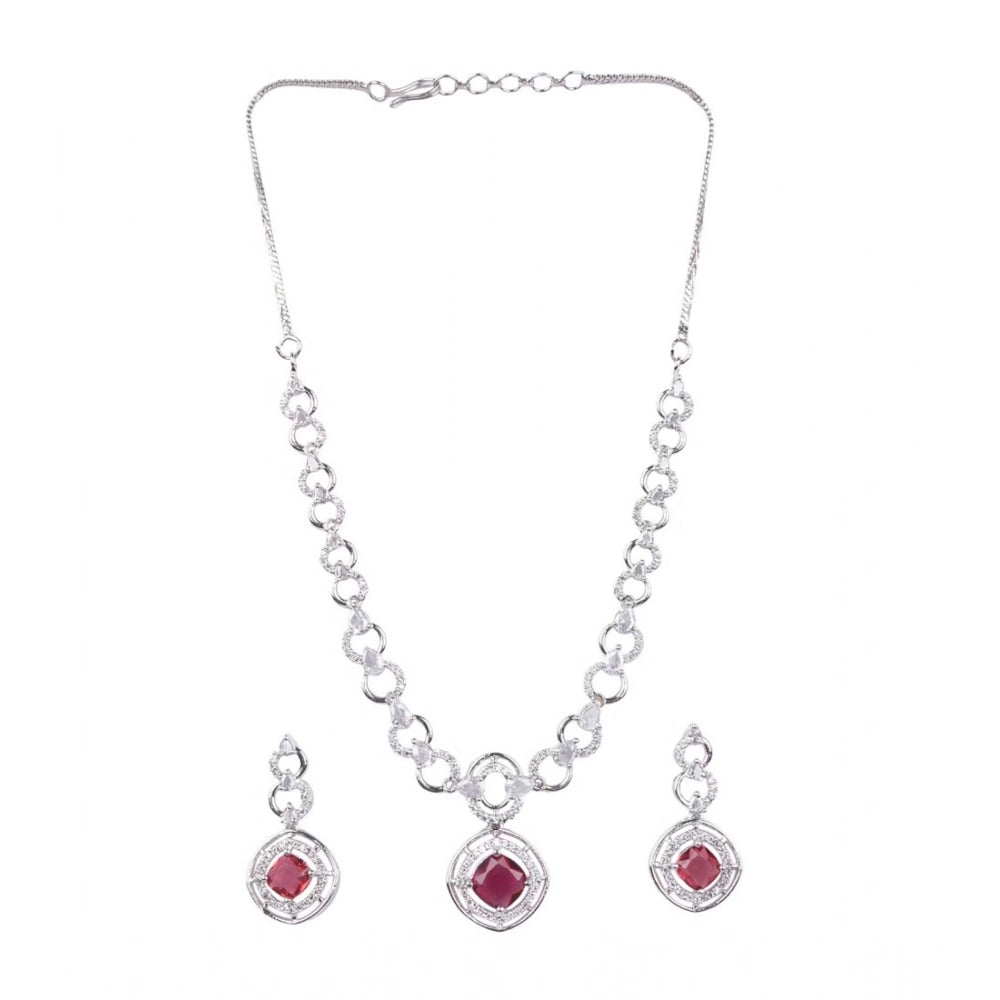 Generic Women's Brass Silver Plated Necklace set (Red)