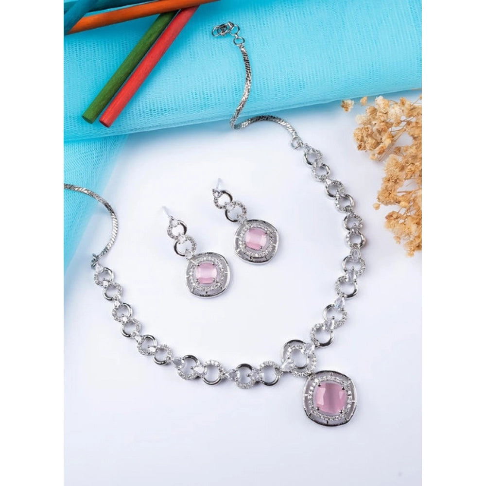 Generic Women's Brass Silver Plated Necklace set (Pink)