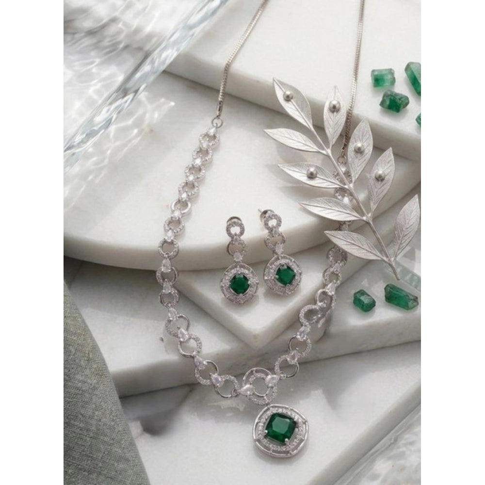 Generic Women's Brass Silver Plated Necklace set (Green)