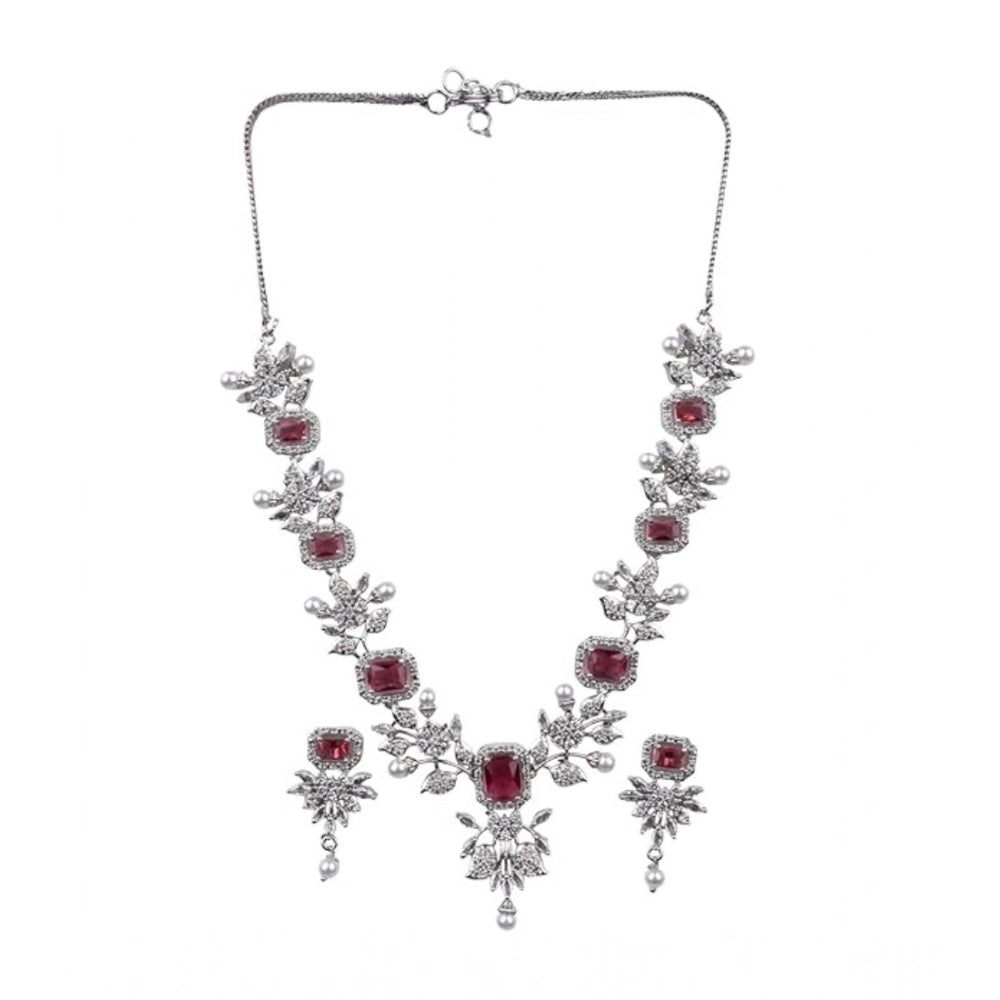 Generic Women's Brass Silver Plated Necklace set (Red)