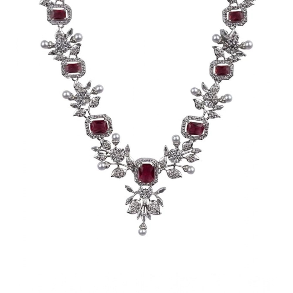 Generic Women's Brass Silver Plated Necklace set (Red)