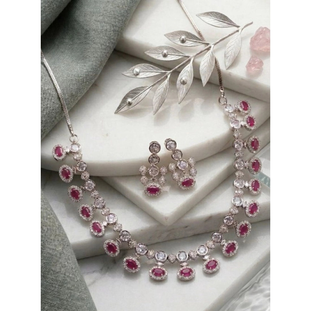 Generic Women's Brass Silver Plated Necklace set (Pink)