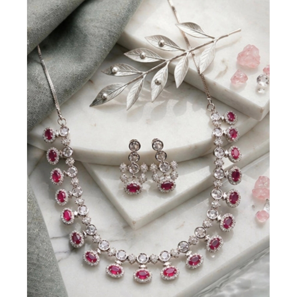 Generic Women's Brass Silver Plated Necklace set (Pink)