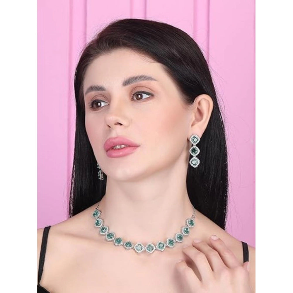 Generic Women's Brass Silver Plated Necklace set (Green)