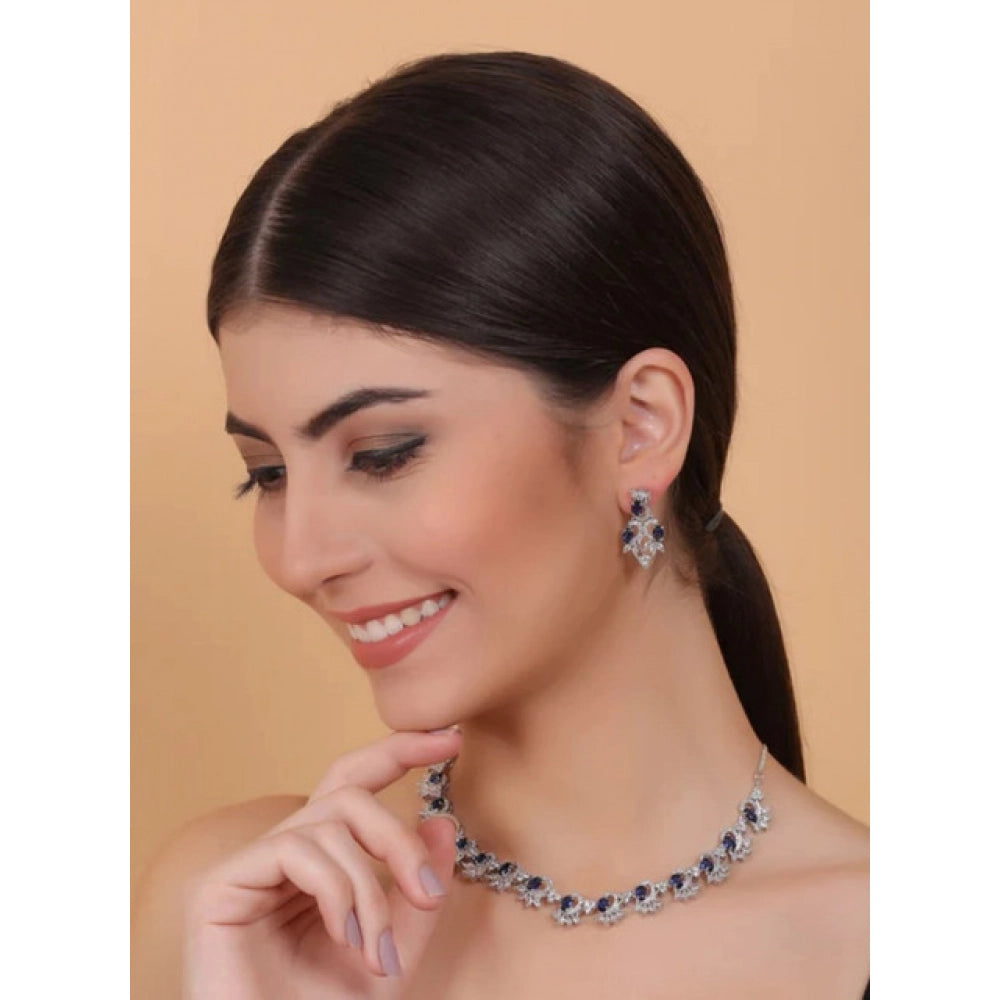 Generic Women's Brass Silver Plated Necklace set (Blue)
