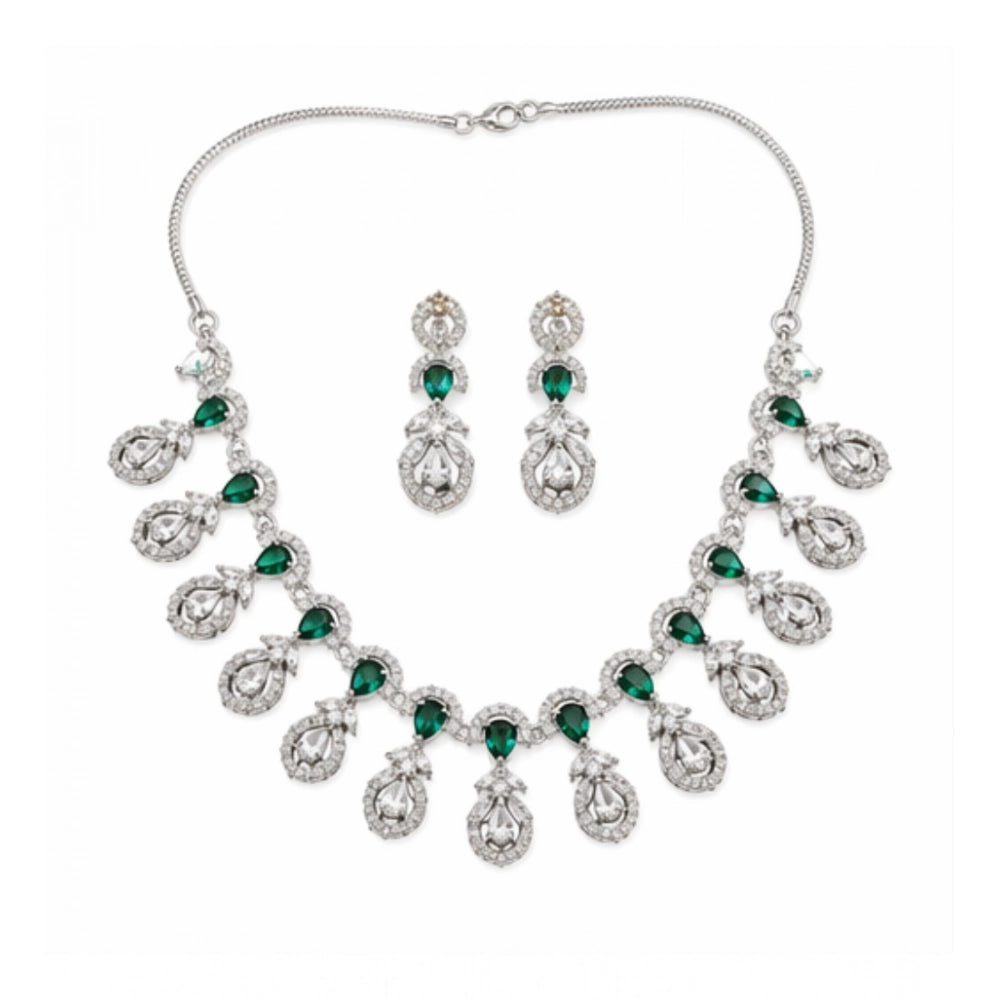 Generic Women's Brass Silver Plated Necklace set (Green)