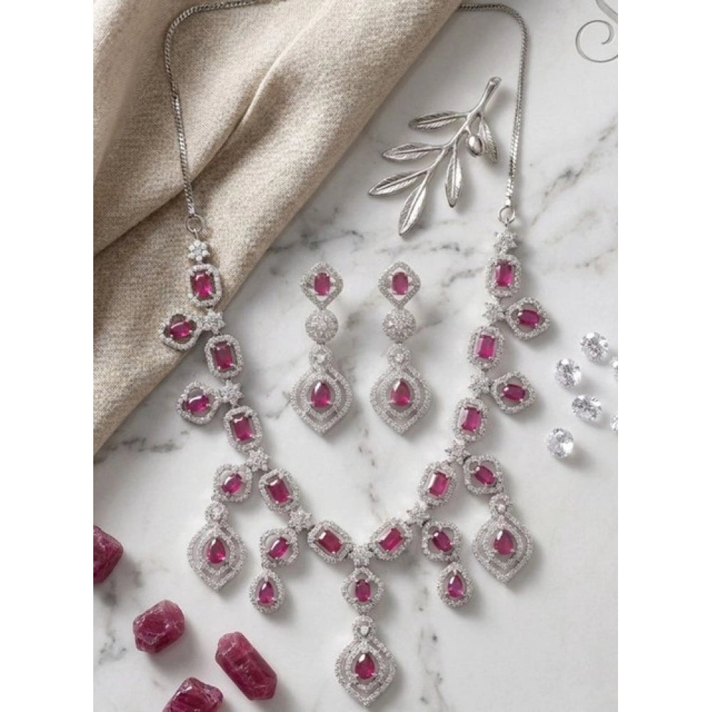 Generic Women's Brass Silver Plated Necklace set (Red)