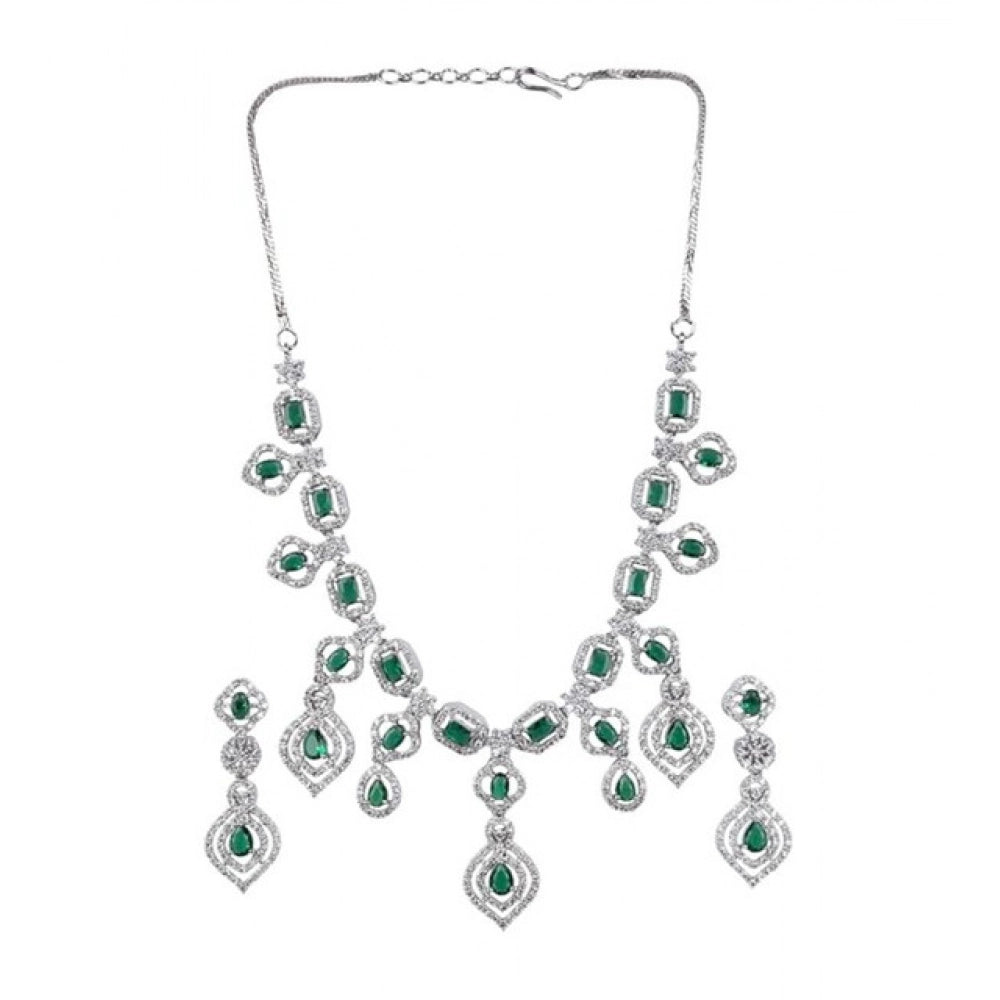 Generic Women's Brass Silver Plated Necklace set (Green)