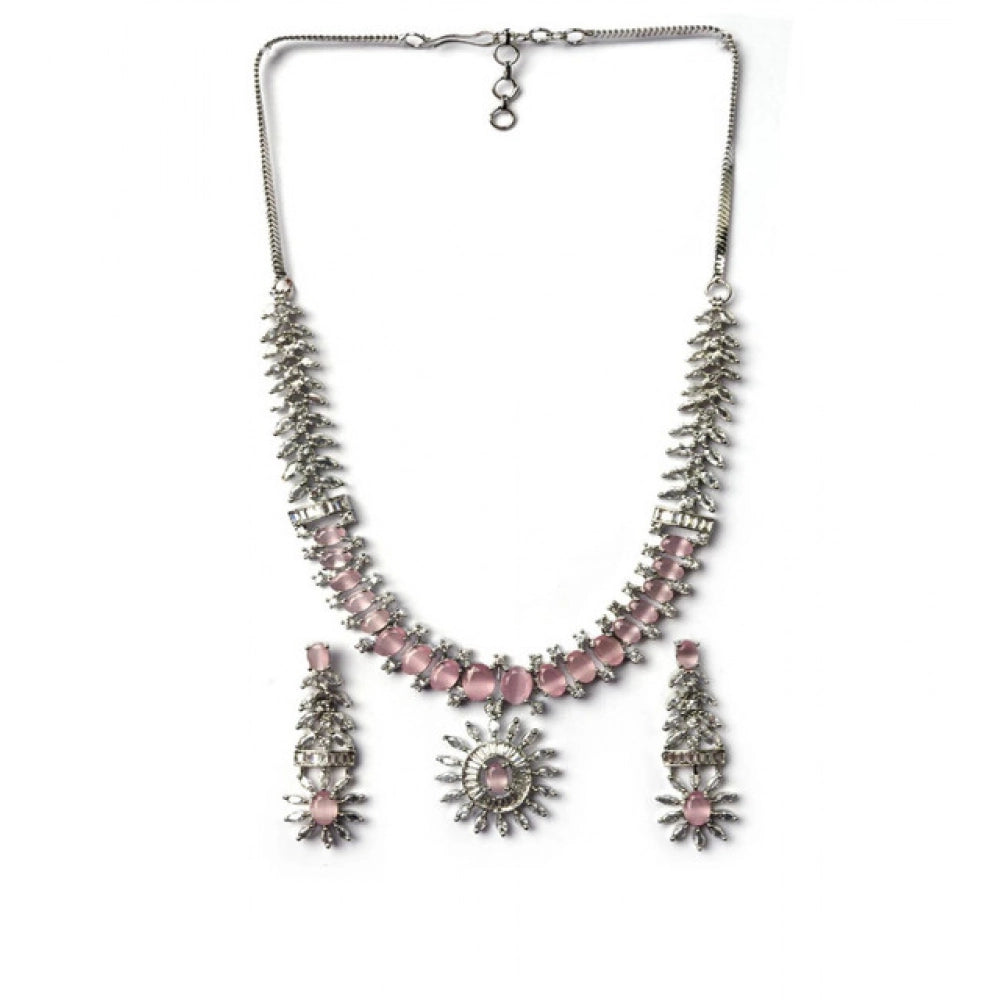 Generic Women's Brass Silver Plated Necklace set (Pink)