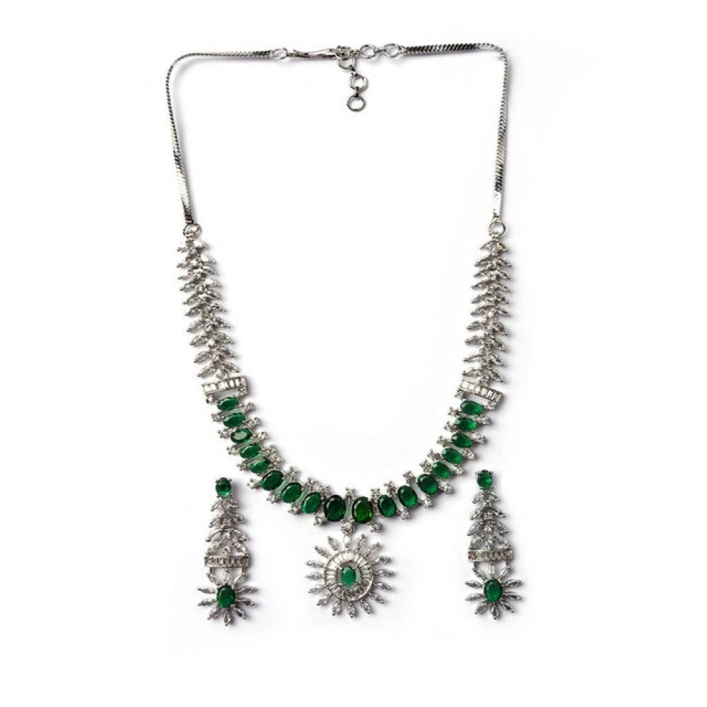 Generic Women's Brass Silver Plated Necklace set (Green)