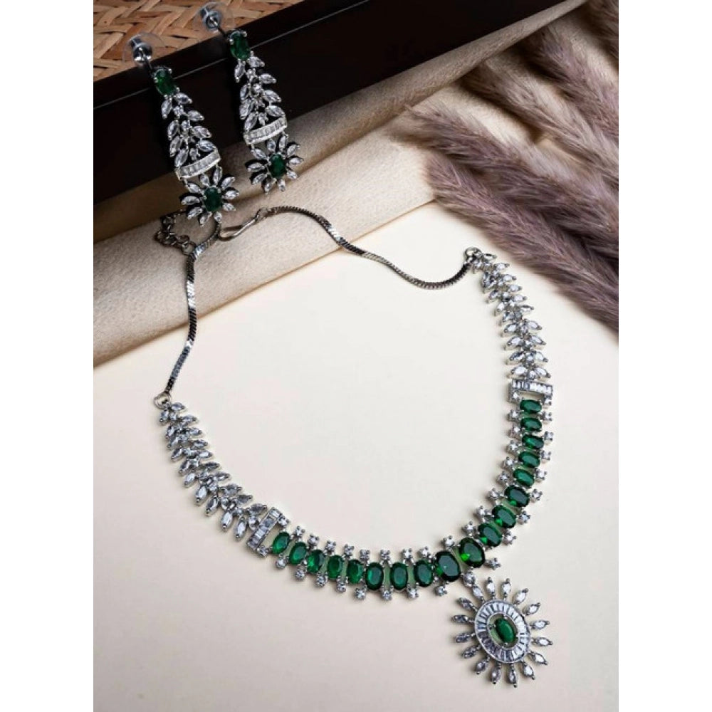 Generic Women's Brass Silver Plated Necklace set (Green)