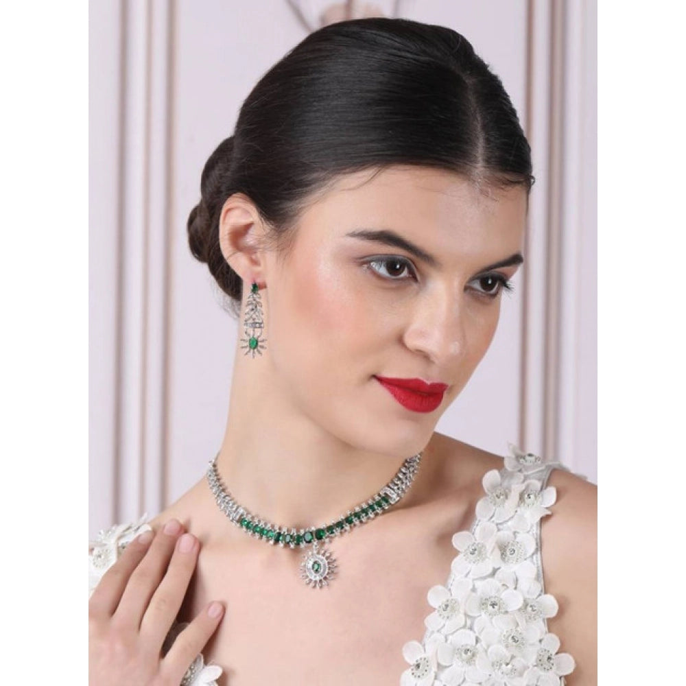 Generic Women's Brass Silver Plated Necklace set (Green)