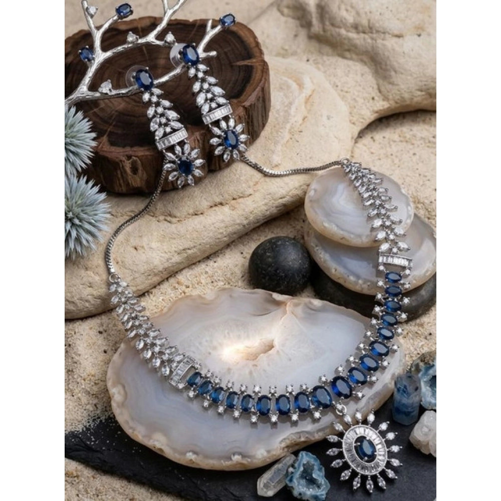 Generic Women's Brass Silver Plated Necklace set (Blue)