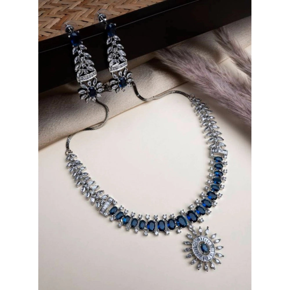 Generic Women's Brass Silver Plated Necklace set (Blue)