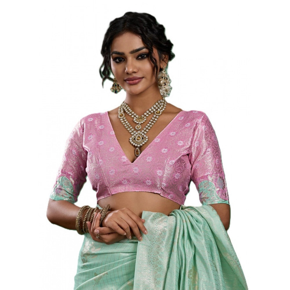 Generic Women's Linen Cotton Printed Saree With Unstitched Blouse 5.5Mtr (Sea Green)