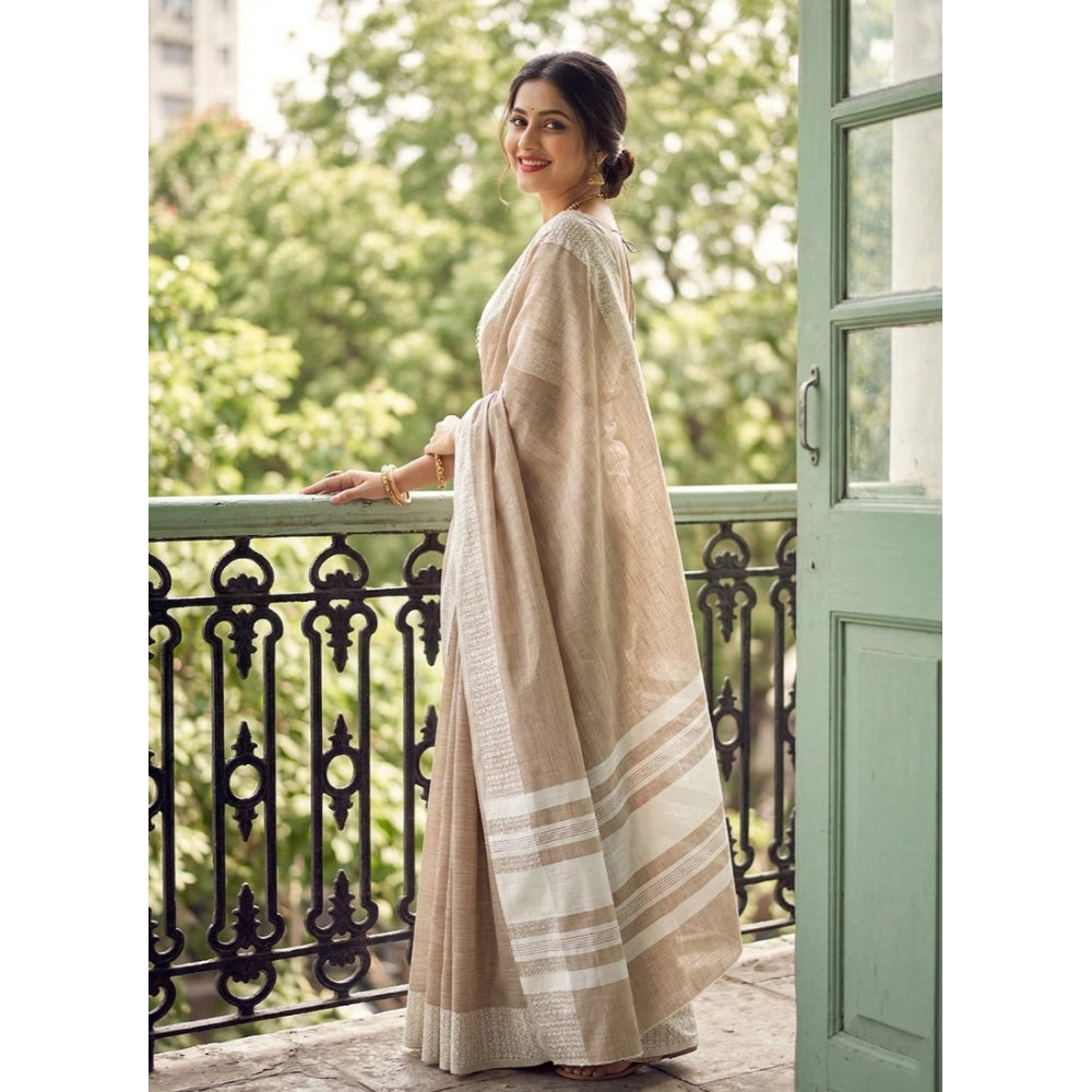 Generic Women's Linen Striped Saree With Unstitched Blouse 5.5Mtr (Lite Brown)