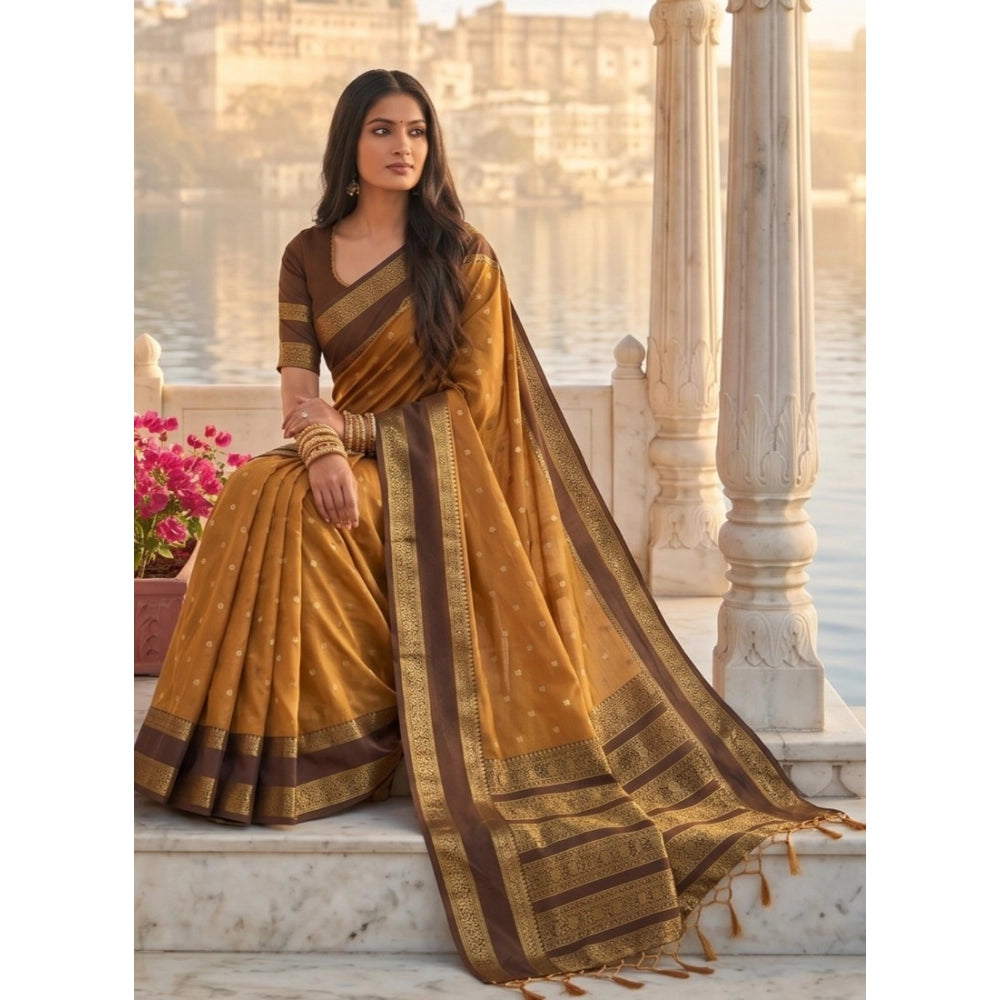Generic Women's Silk Blend Printed Saree With Unstitched Blouse 5.5Mtr (Mustard-Brown)