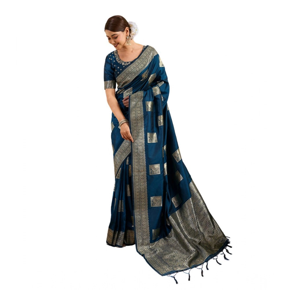 Generic Women's Silk Blend Printed Saree With Unstitched Blouse 5.5Mtr (Teal Blue)
